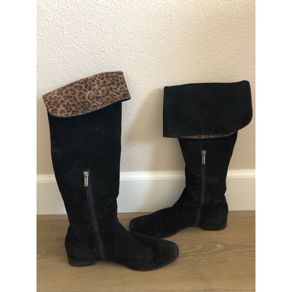 Black Over the Knee Boots with Leopard Print Fold